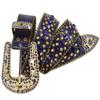 35116 Women's Belts Rhinestone Belt Fashion Western Cowgirl Bling Studded Design Leather Belt 1-3/8"(35mm) wide (Royal Blue/Brass, 34'' M) view 1