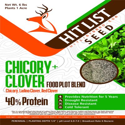 HIT LIST SEED Chicory + Clover Food Plot Seeds for Deer [Perennial] - Deer Food Plot Seed Perennial - Deer Plot Seed Mix - Chicory, Ladino Clover, Red Clover - Spring, Summer & Fall Planting - 6 lbs