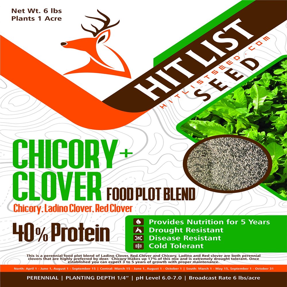 HIT LIST SEED Chicory + Clover Food Plot Seeds for Deer [Perennial] - Deer Food Plot Seed Perennial - Deer Plot Seed Mix - Chicory, Ladino Clover, Red Clover - Spring, Summer & Fall Planting - 6 lbs