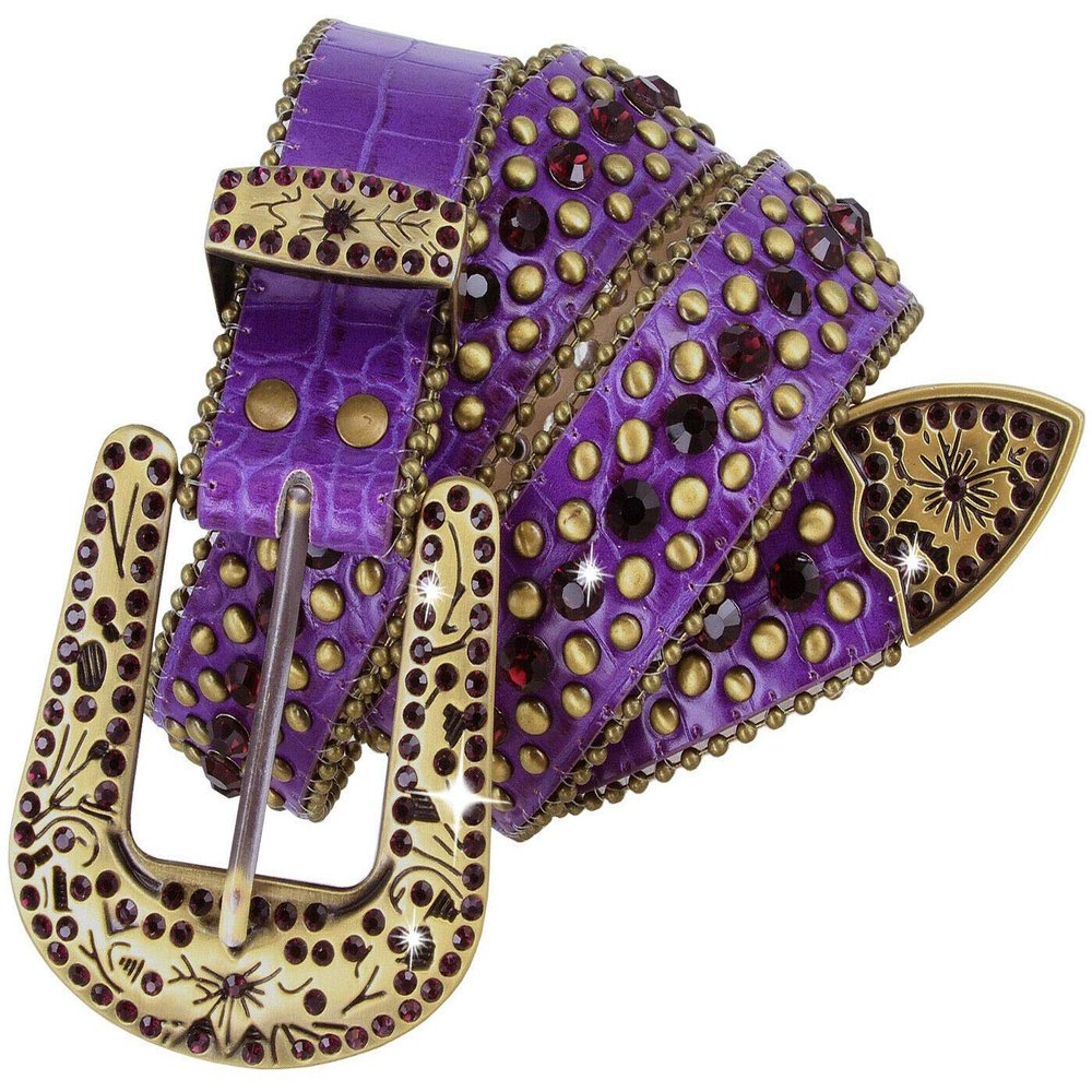 35116 Women's Belts Rhinestone Belt Fashion Western Cowgirl Bling Studded Design Leather Belt 1-3/8"(35mm) wide (Purple/Amethyst, 36'' L)