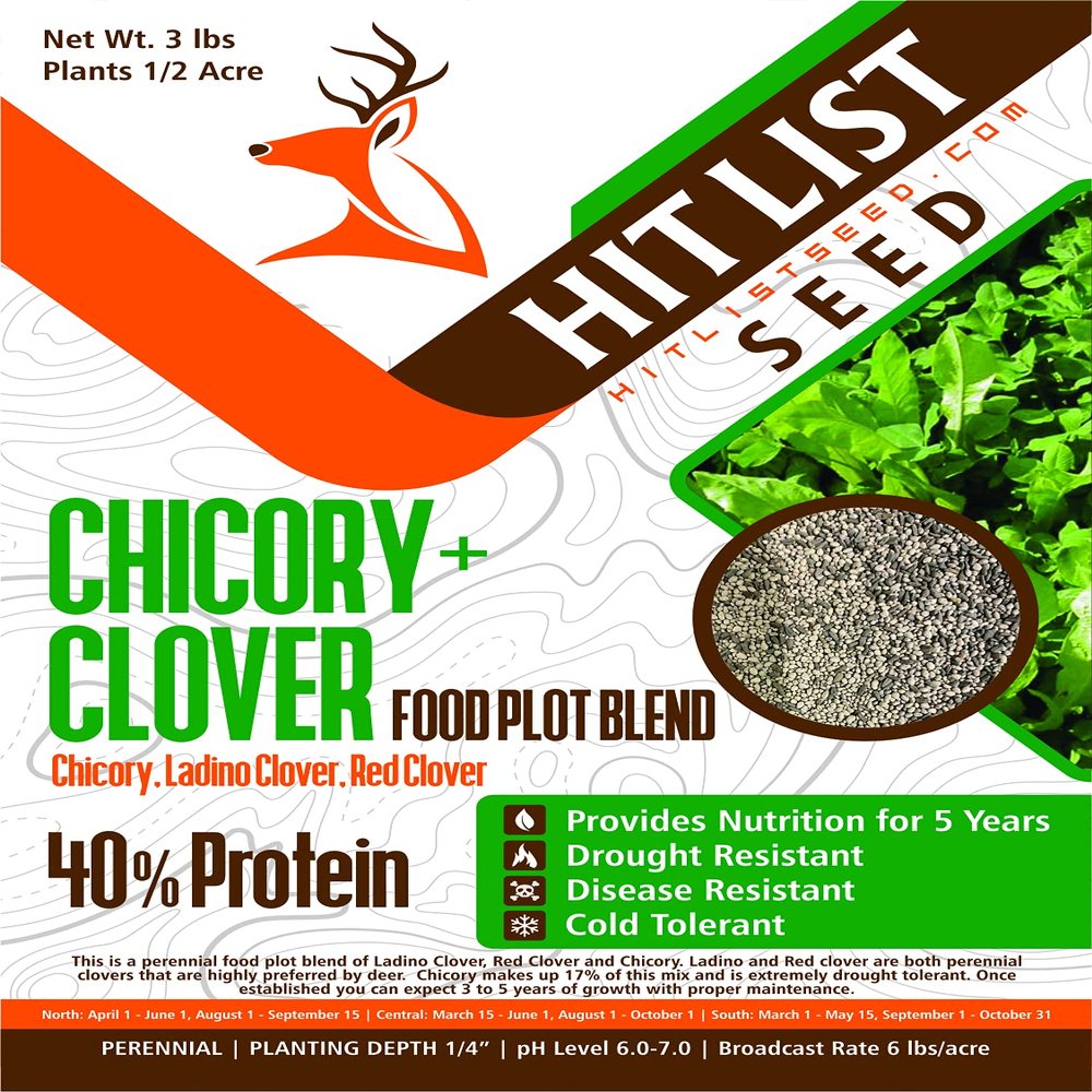 HIT LIST SEED Chicory + Clover Food Plot Seeds for Deer [Perennial] - Deer Food Plot Seed Perennial - Deer Plot Seed Mix - Chicory, Ladino Clover, Red Clover - Spring, Summer & Fall Planting - 3 lbs