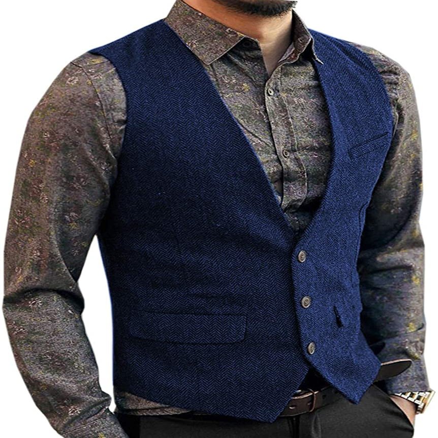 Zeattall Men's Herringbone Tweed Wool Suit Vest Single Breasted Slim Fit Waistcoat Vest(S,Royal Blue)