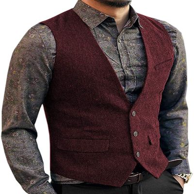 Zeattall Men's Herringbone Tweed Wool Suit Vest Single Breasted Slim Fit Waistcoat Vest(XL,Burgundy)