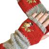 dSNAPoutof Women Knitted Gloves, Autumn Winter Warm Gloves, Bird Embroidered Knit Fingerless Color Block Stretchy Mitten, Cold Weather Gloves, Red view 2