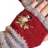 dSNAPoutof Women Knitted Gloves, Autumn Winter Warm Gloves, Bird Embroidered Knit Fingerless Color Block Stretchy Mitten, Cold Weather Gloves, Red view 4