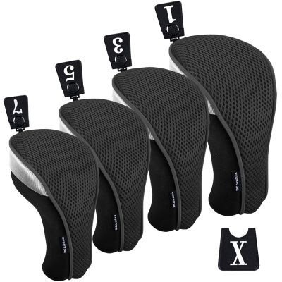 Andux 4pcs/Pack Mesh Golf 460cc Driver Fairway Wood Club Head Covers with Interchangeable No. Tags Black