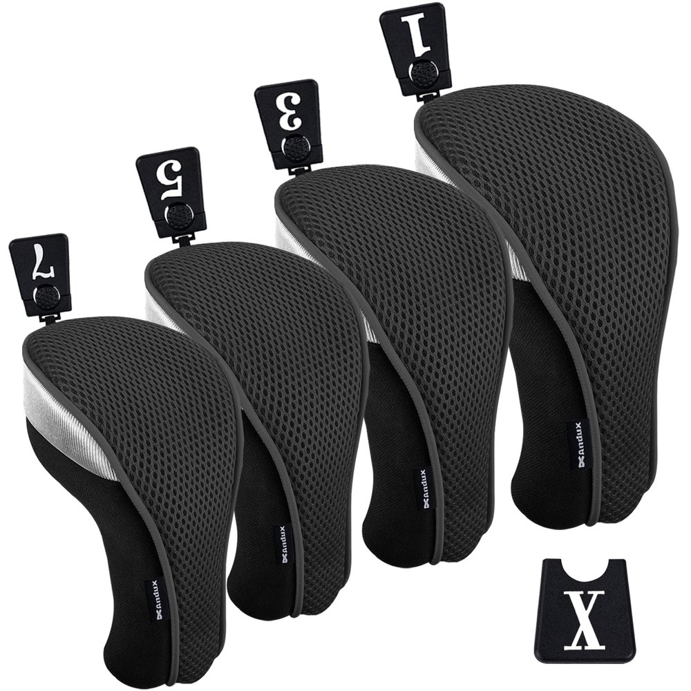 Andux 4pcs/Pack Mesh Golf 460cc Driver Fairway Wood Club Head Covers with Interchangeable No. Tags Black