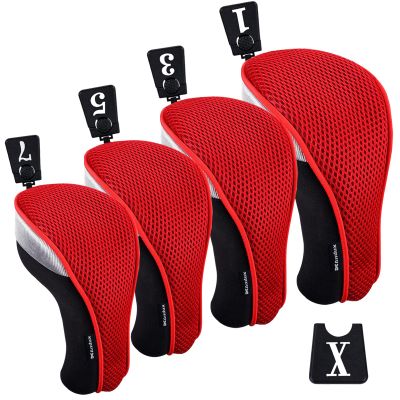 Andux 4pcs/Pack Mesh Golf 460cc Driver Fairway Wood Club Head Covers with Interchangeable No. Tags Red