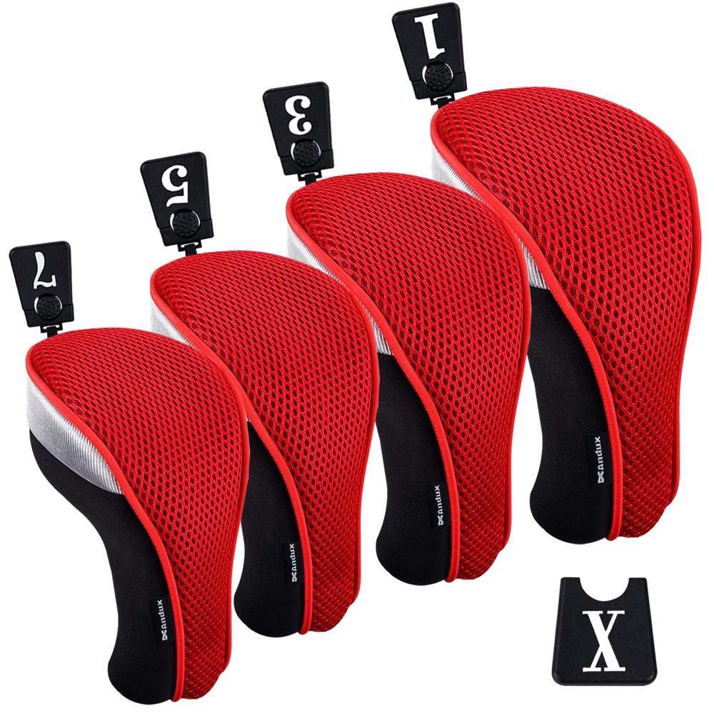 Andux 4pcs/Pack Mesh Golf 460cc Driver Fairway Wood Club Head Covers with Interchangeable No. Tags Red