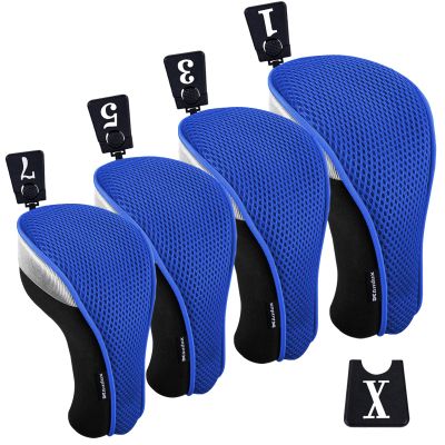 Andux 4pcs/Pack Mesh Golf 460cc Driver Fairway Wood Club Head Covers with Interchangeable No. Tags Blue
