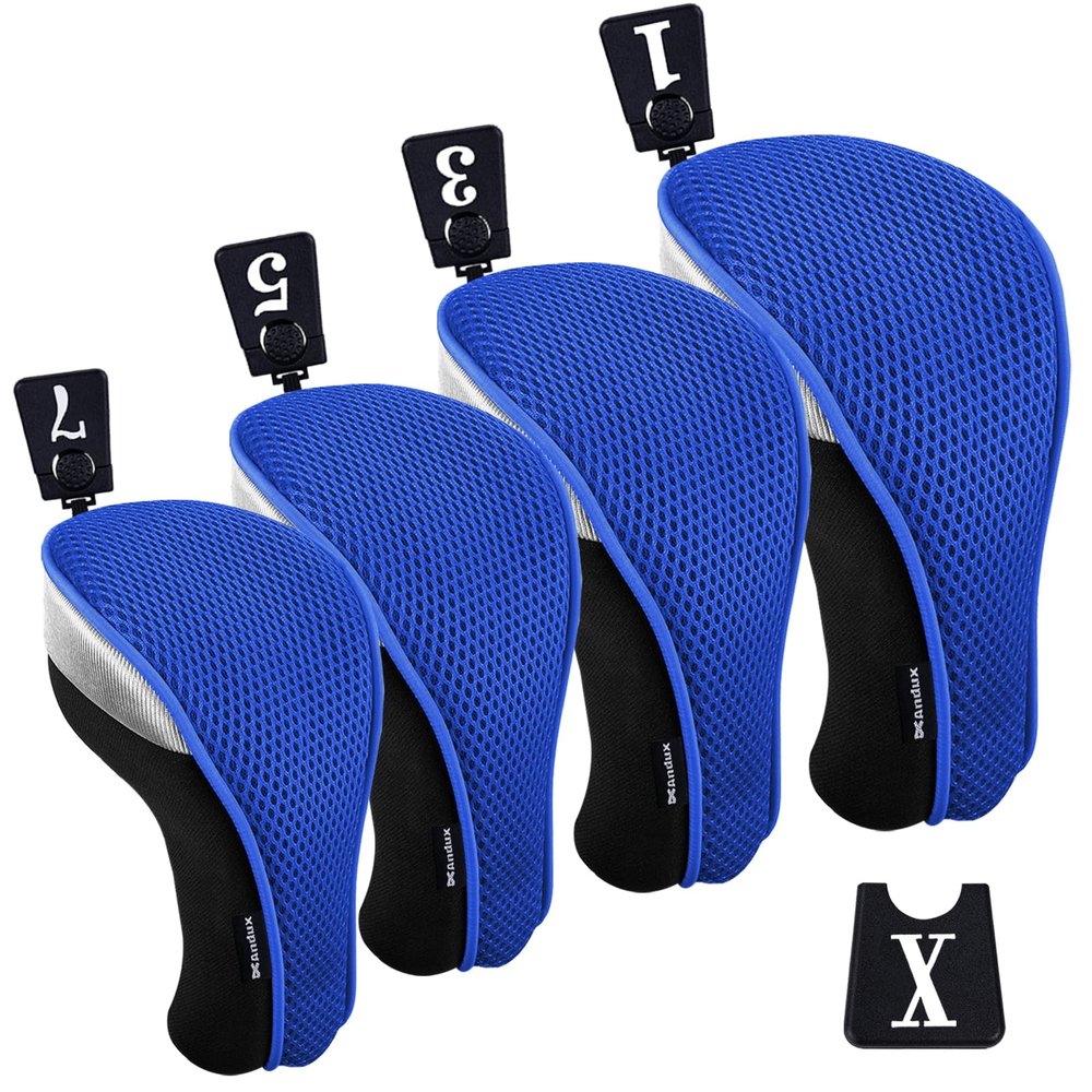 Andux 4pcs/Pack Mesh Golf 460cc Driver Fairway Wood Club Head Covers with Interchangeable No. Tags Blue