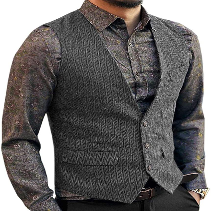 Zeattall Men's Herringbone Tweed Wool Suit Vest Single Breasted Slim Fit Waistcoat Vest(L,Grey)