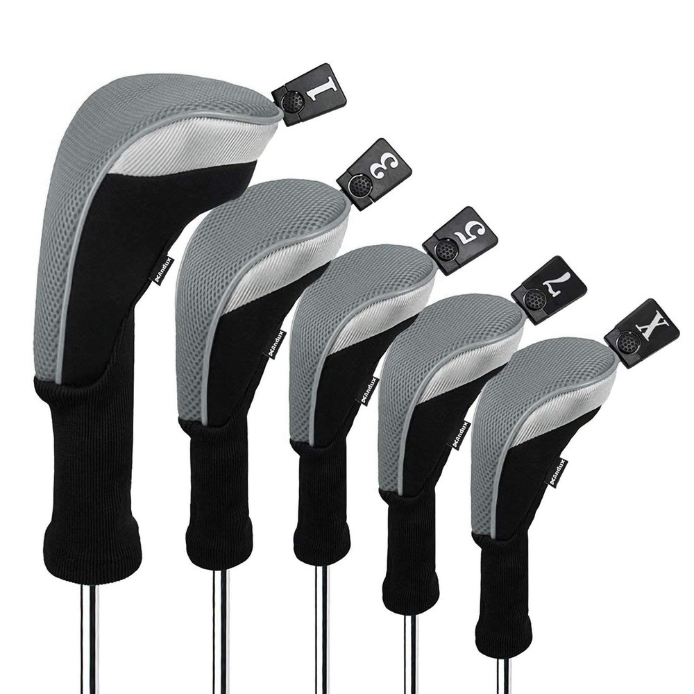 Andux 5pcs/Set Mesh Golf 460cc Driver Fairway Wood Club Head Covers Long Neck with No. Tags Black/Grey