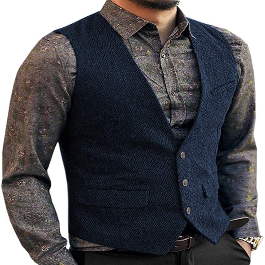 Zeattall Men's Herringbone Tweed Wool Suit Vest Single Breasted Slim Fit Waistcoat Vest(XXL,Navy)