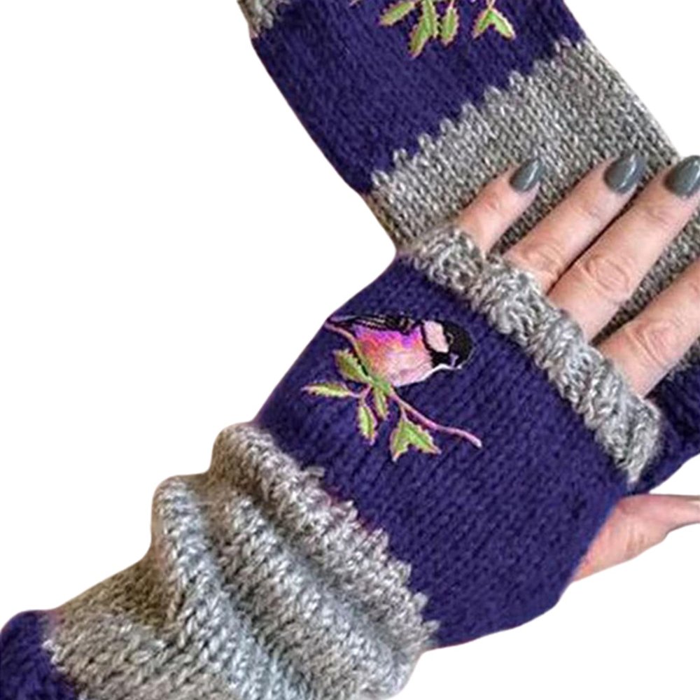 dSNAPoutof Women Knitted Gloves, Autumn Winter Warm Gloves, Bird Embroidered Knit Fingerless Color Block Stretchy Mitten, Cold Weather Gloves, Blue