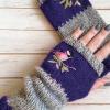 dSNAPoutof Women Knitted Gloves, Autumn Winter Warm Gloves, Bird Embroidered Knit Fingerless Color Block Stretchy Mitten, Cold Weather Gloves, Blue view 3
