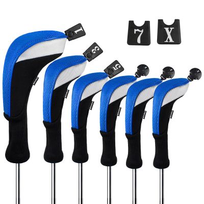 Andux 6pcs/Set Golf Club Head Covers Woods Drivers Fairway Hybrid Set Long Neck (3 Hybrid + 3 Woods) (Black/Blue)