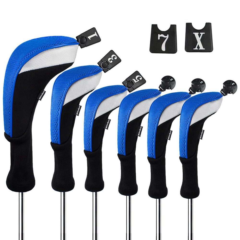 Andux 6pcs/Set Golf Club Head Covers Woods Drivers Fairway Hybrid Set Long Neck (3 Hybrid + 3 Woods) (Black/Blue)