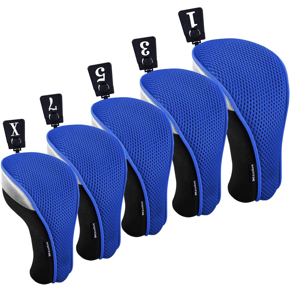 Andux 5pcs/Set Golf 460cc Driver Fairway Wood Club Head Covers Short Neck Blue