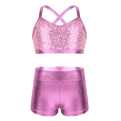 JEEYJOO Kids Girls 2 Pieces Dance Set Sequins Gymnastic Leotard Athletic Active Sports Workout Swimming Suits Pink 12-14 Years