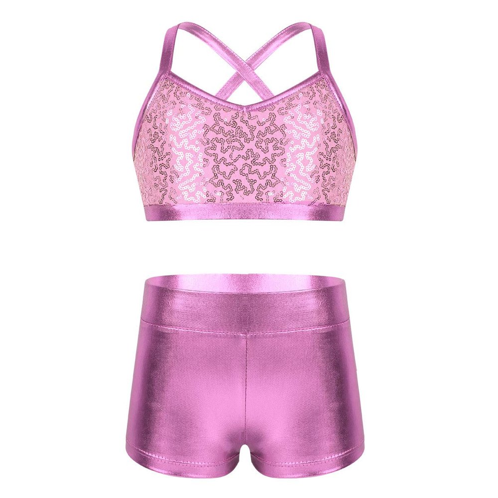 JEEYJOO Kids Girls 2 Pieces Dance Set Sequins Gymnastic Leotard Athletic Active Sports Workout Swimming Suits Pink 12-14 Years