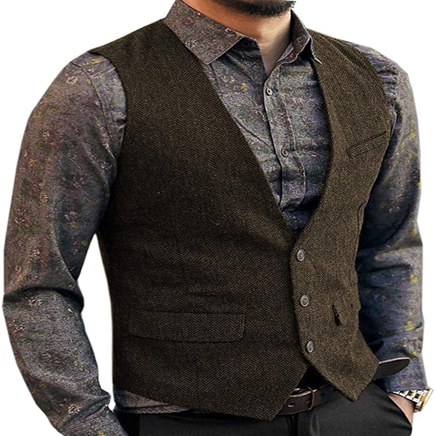 Zeattall Men's Herringbone Tweed Wool Suit Vest Single Breasted Slim Fit Waistcoat Vest(XXL,Coffee)