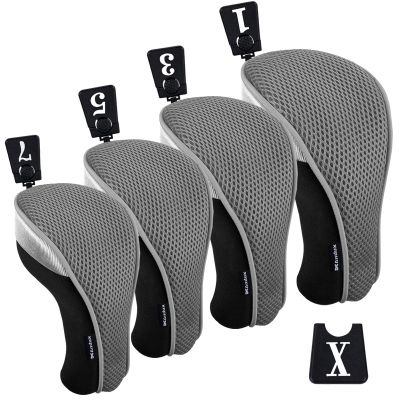 Andux 4pcs/Pack Mesh Golf 460cc Driver Fairway Wood Club Head Covers with Interchangeable No. Tags Gray