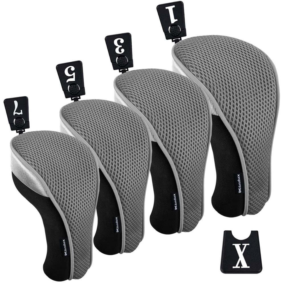 Andux 4pcs/Pack Mesh Golf 460cc Driver Fairway Wood Club Head Covers with Interchangeable No. Tags Gray