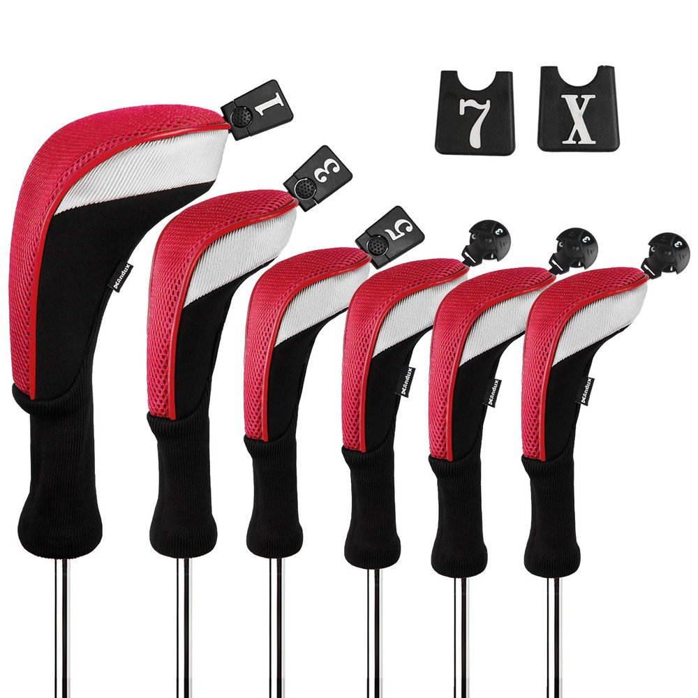 Andux 6pcs/Set Golf Club Head Covers Woods Drivers Fairway Hybrid Set Long Neck (3 Hybrid + 3 Woods) (Black/Red)