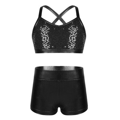 JEEYJOO Kids Girls 2 Pieces Dance Set Sequins Gymnastic Leotard Athletic Active Sports Workout Swimming Suits Black 12-14 Years