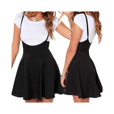 LXXIASHI Women's High Waist Suspender Pleated Skirts Casual School Girls Versatile Strappy Dress (S, Black)