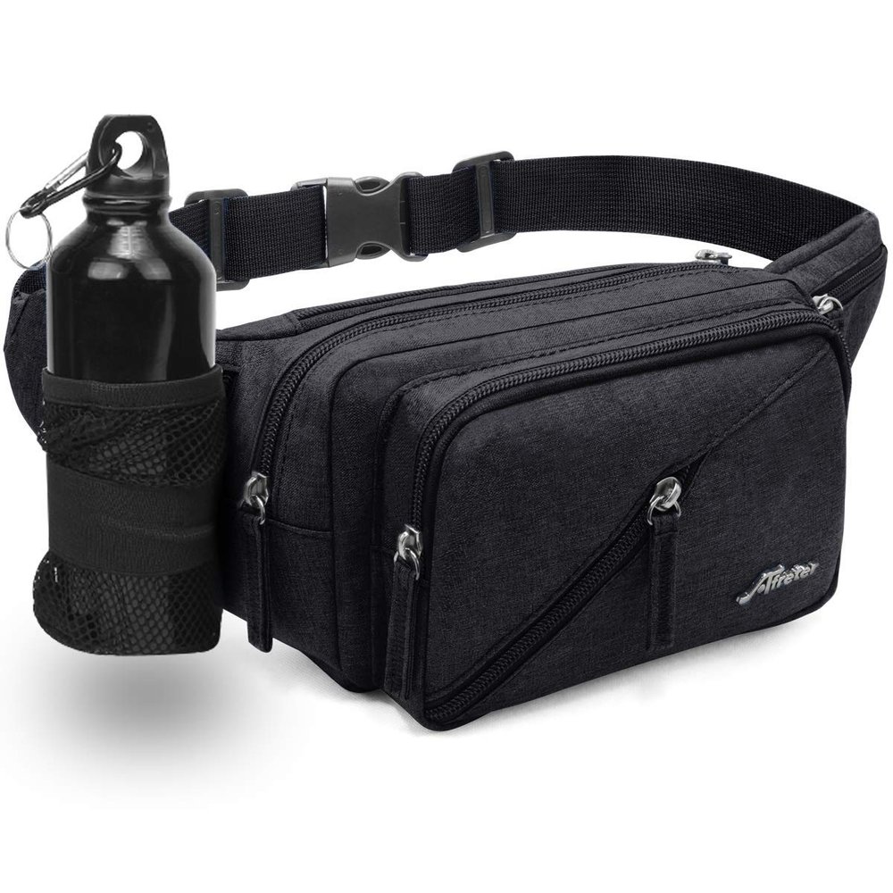 Afreter Fanny Pack Waterproof Waist Bag Pack Men Women Hip Bum Bag With Water Bottle Holder Adjustable Strap Suitable For Outdoors Workout Traveling Hiking Cycling Dog Walking Pouch Bag(black)