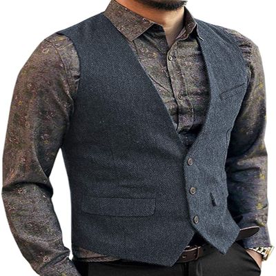 Zeattall Men's Herringbone Tweed Wool Suit Vest Single Breasted Slim Fit Waistcoat Vest(XL,Light Navy)