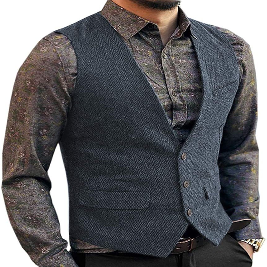 Zeattall Men's Herringbone Tweed Wool Suit Vest Single Breasted Slim Fit Waistcoat Vest(XL,Light Navy)