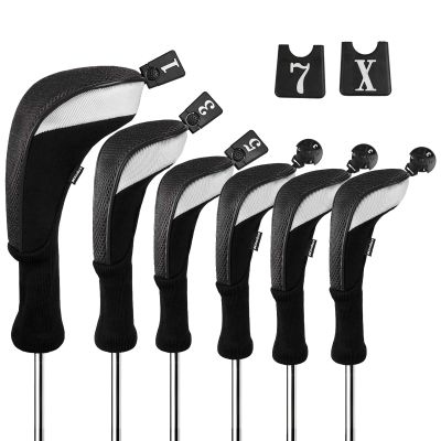 Andux 6pcs/Set Golf Club Head Covers Woods Drivers Fairway Hybrid Set Long Neck (3 Hybrid + 3 Woods) (Black/Black)