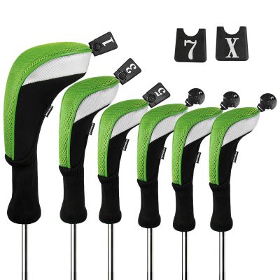 Andux 6pcs/Set Golf Club Head Covers Woods Drivers Fairway Hybrid Set Long Neck (3 Hybrid + 3 Woods) (Black/Green)