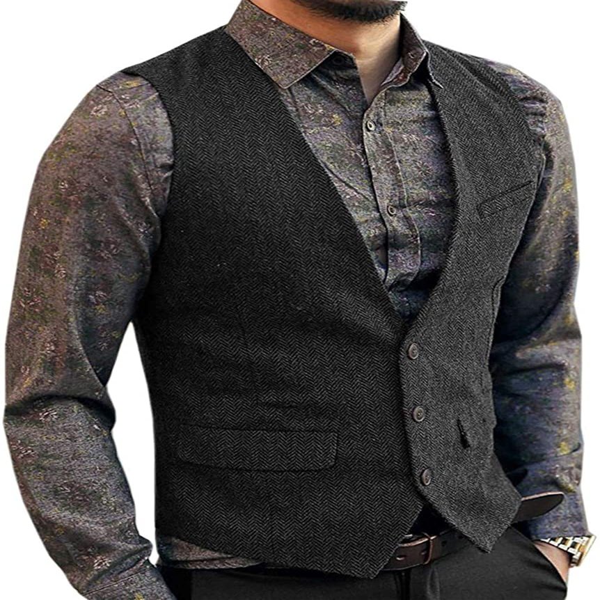Zeattall Men's Herringbone Tweed Wool Suit Vest Single Breasted Slim Fit Waistcoat Vest(XXXL,Black)