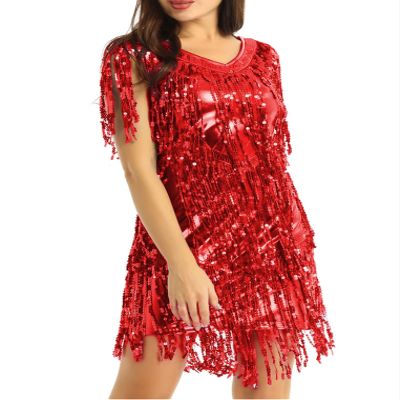 Kaerm Womens Sleeveless Shiny Sequin Tassels Samba Tango Latin Dance Dress Ballroom Stage Performance Costume Red X-Large