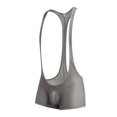 YUFEIDA Men's Athletic Supporters Stylish Bodysuit Slim Fit Jumpsuit Breathable Base Layers Boxer Back Open Leotard (Singlet Grey, XL)