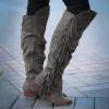 ZBYY Women's Knee High Boots Casual Over The Knee Retro Fringe Moccasin Flat Heel Zipper Long Boots Square Heels Shoes Gray view 4