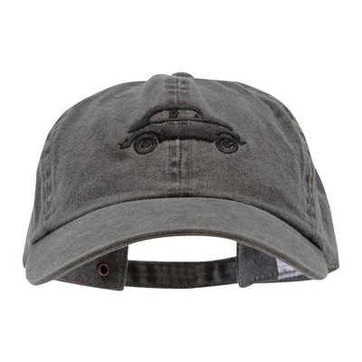 Classic Car Bug Embroidered Washed Solid Pigment Dyed Cotton Twill Brass Buckle Cap - Black OSFM
