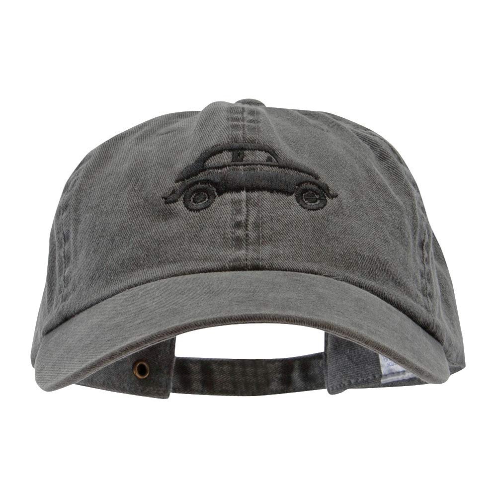 Classic Car Bug Embroidered Washed Solid Pigment Dyed Cotton Twill Brass Buckle Cap - Black OSFM
