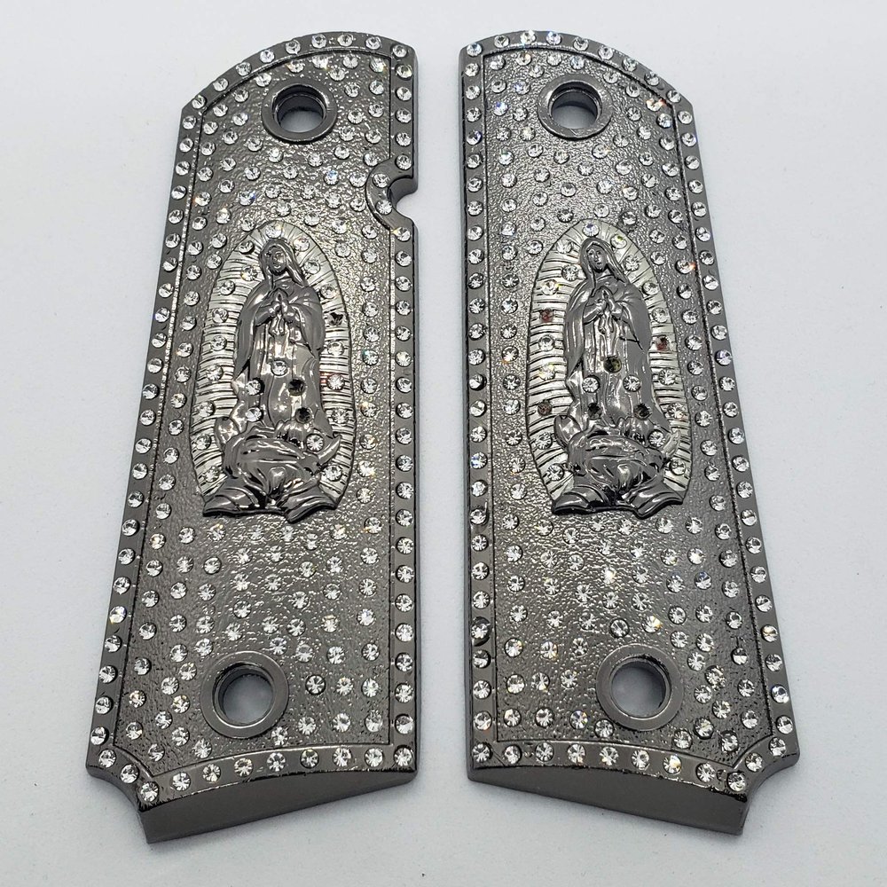 Custom 1911 Grips Lady of Guadalupe Gold Nickel 1911 Full Size for 45/38 Super Colt Metal with Zirconia