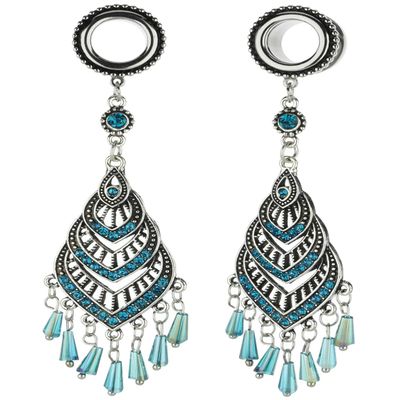 00G 10mm 316L Surgical Steel Bohemian Blue Crystal Tassel Dangle Ear Gauges Piercing Flesh Tunnels Plugs Statement Earrings