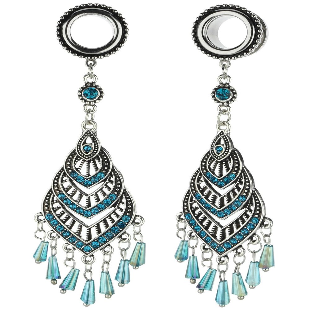 00G 10mm 316L Surgical Steel Bohemian Blue Crystal Tassel Dangle Ear Gauges Piercing Flesh Tunnels Plugs Statement Earrings