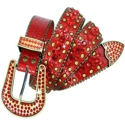 35158 Women's Belts Rhinestone Belt Fashion Western Cowgirl Bling Studded Design Leather Belt 1-3/8"(35mm) wide (Red, 34'' M)