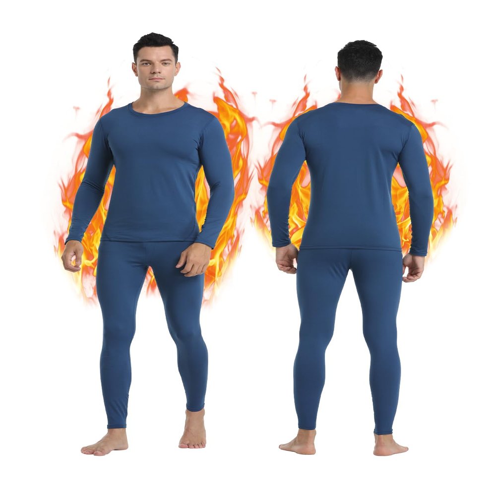 PISIQI Thermal Underwear Men Ultra-Soft Long Johns Set with Fleece Lined Base Layer Winter Skiing Warm Top & Bottom Black (Blue, Medium)