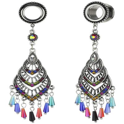 00G 10mm 316L Surgical Steel Bohemian Multicolor Crystal Tassel Dangle Ear Gauges Piercing Flesh Tunnels Plugs Statement Earrings
