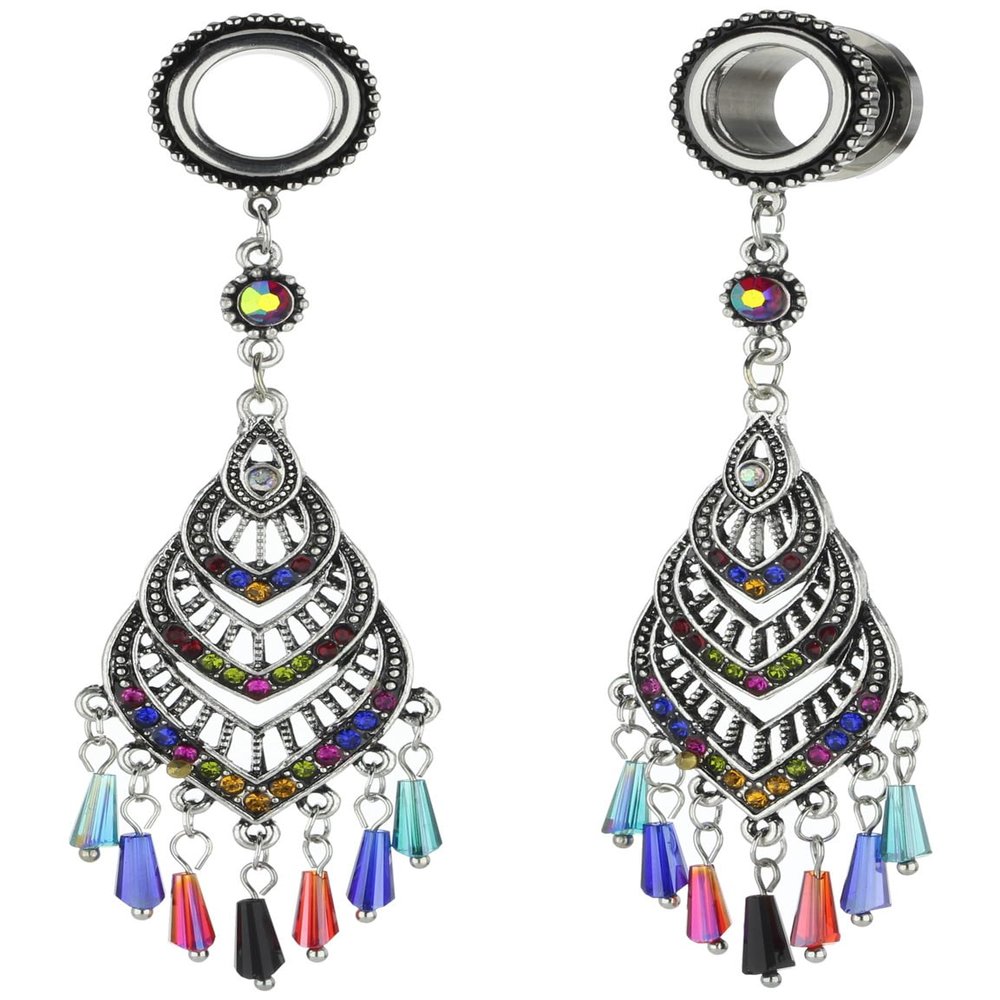 00G 10mm 316L Surgical Steel Bohemian Multicolor Crystal Tassel Dangle Ear Gauges Piercing Flesh Tunnels Plugs Statement Earrings