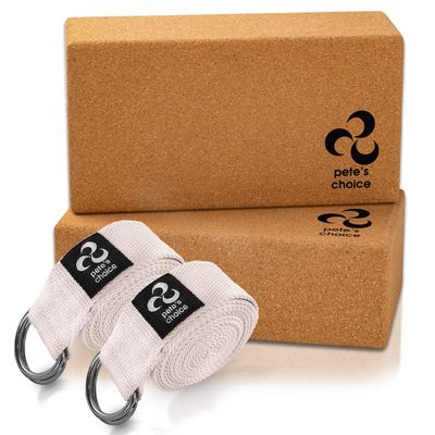 Pete's Choice Cork Yoga Blocks & Straps (2 of each) - Extra Firm, Eco Friendly, Natural Cork, Cotton Straps - Home Yoga Kit